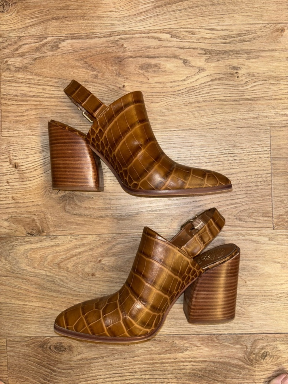 Vince Camuto Cognac Croc-Embossed Slingback Block Heel Mules